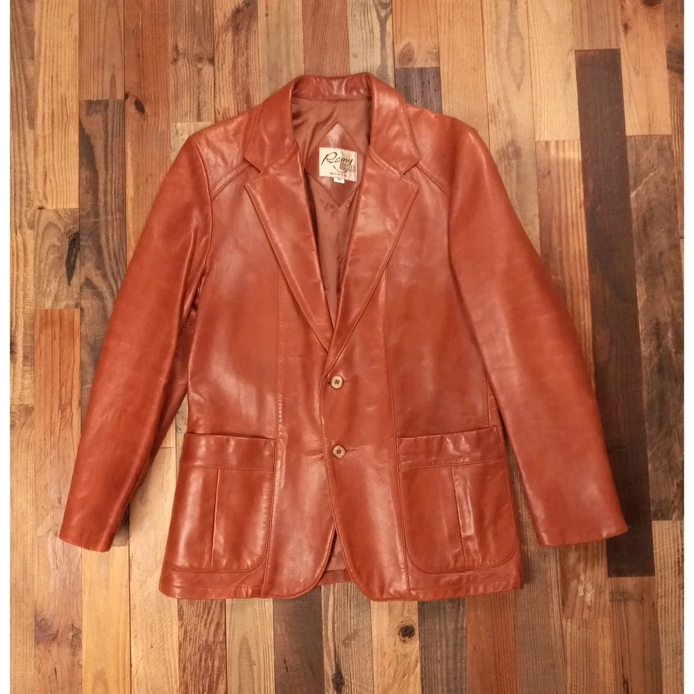 Remy Leather Fashions Mens Cognac Brown Leather Blazer Jacket Made USA Size 42